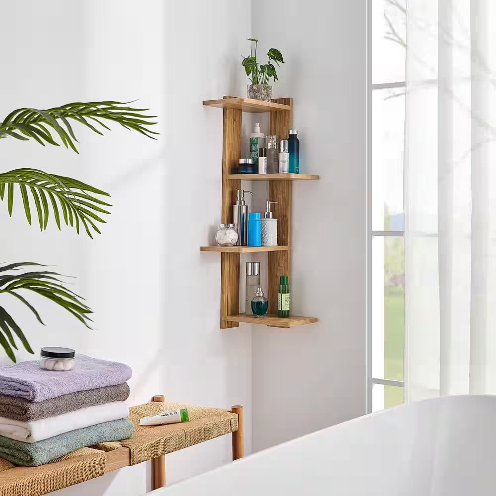 Corner 4-Tier Floating Ledge Column Wall Shelf- Chestnut - Flexx Decor
