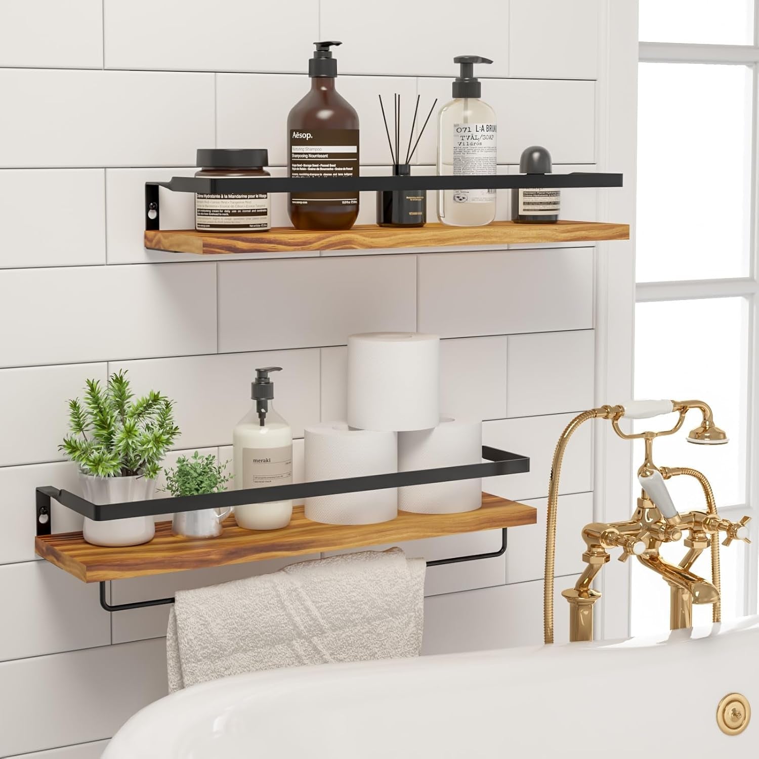 Floating Shelves for Wall with Towel Bar- Set of 2-Carbonized Black - Flexx Decor