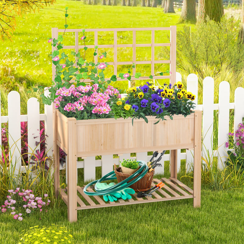 Elevated Wooden Raised Garden Bed with Trellis