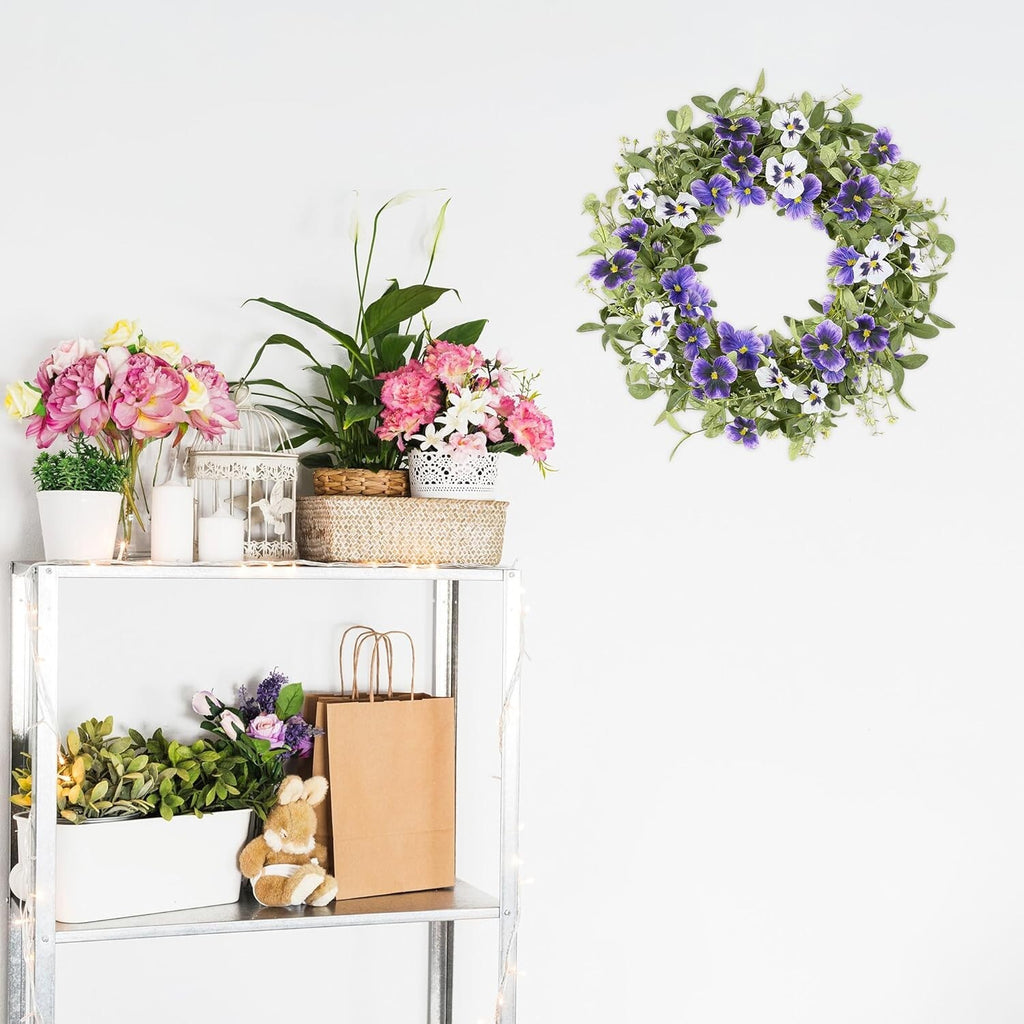 18" Spring Wreaths for Front Door Summer Wreath with Purple Pansy Flowers Green