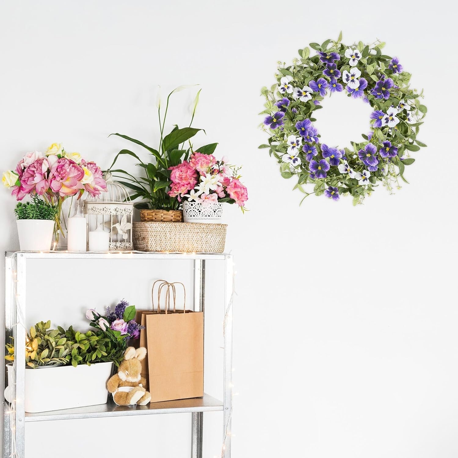 18" Spring Wreaths for Front Door Summer Wreath with Purple Pansy Flowers Green