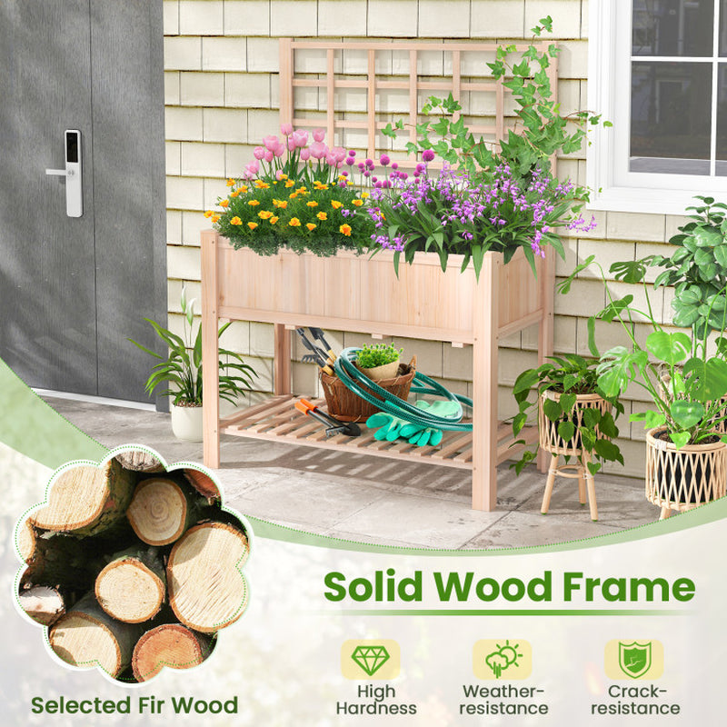 Elevated Wooden Raised Garden Bed with Trellis