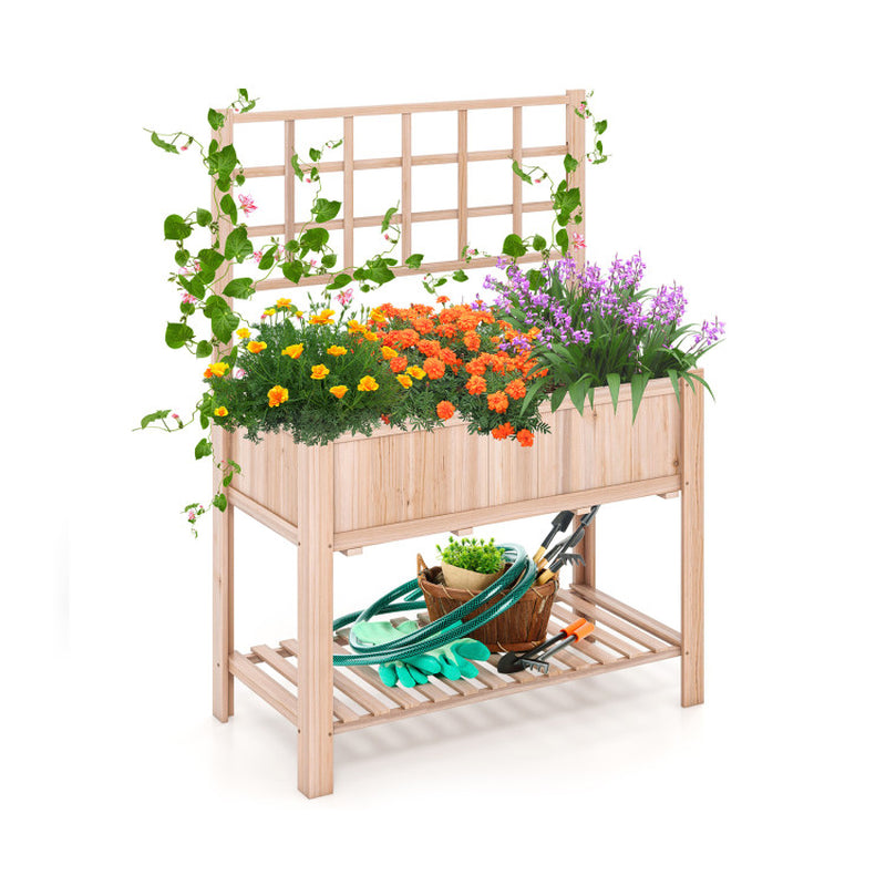 Elevated Wooden Raised Garden Bed with Trellis
