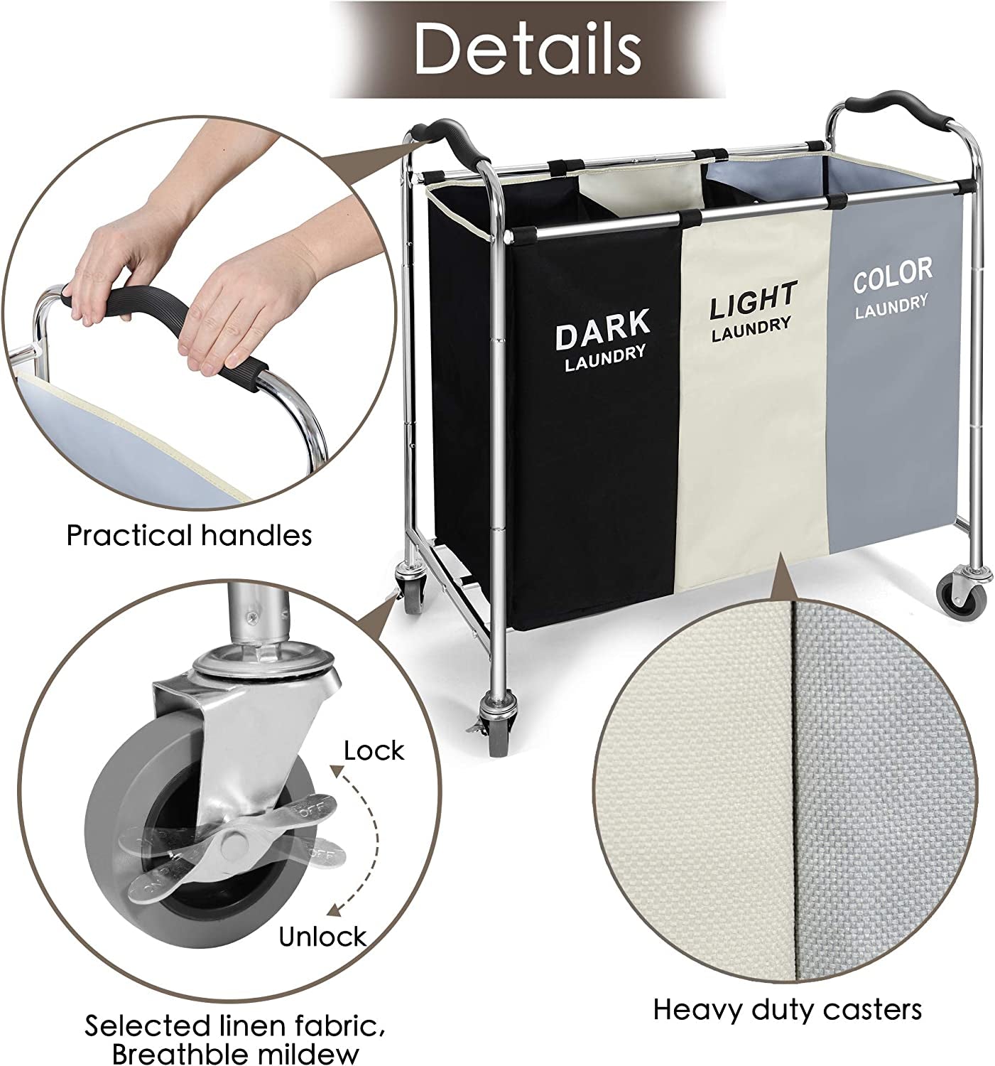 3 Section Laundry Basket with Wheels