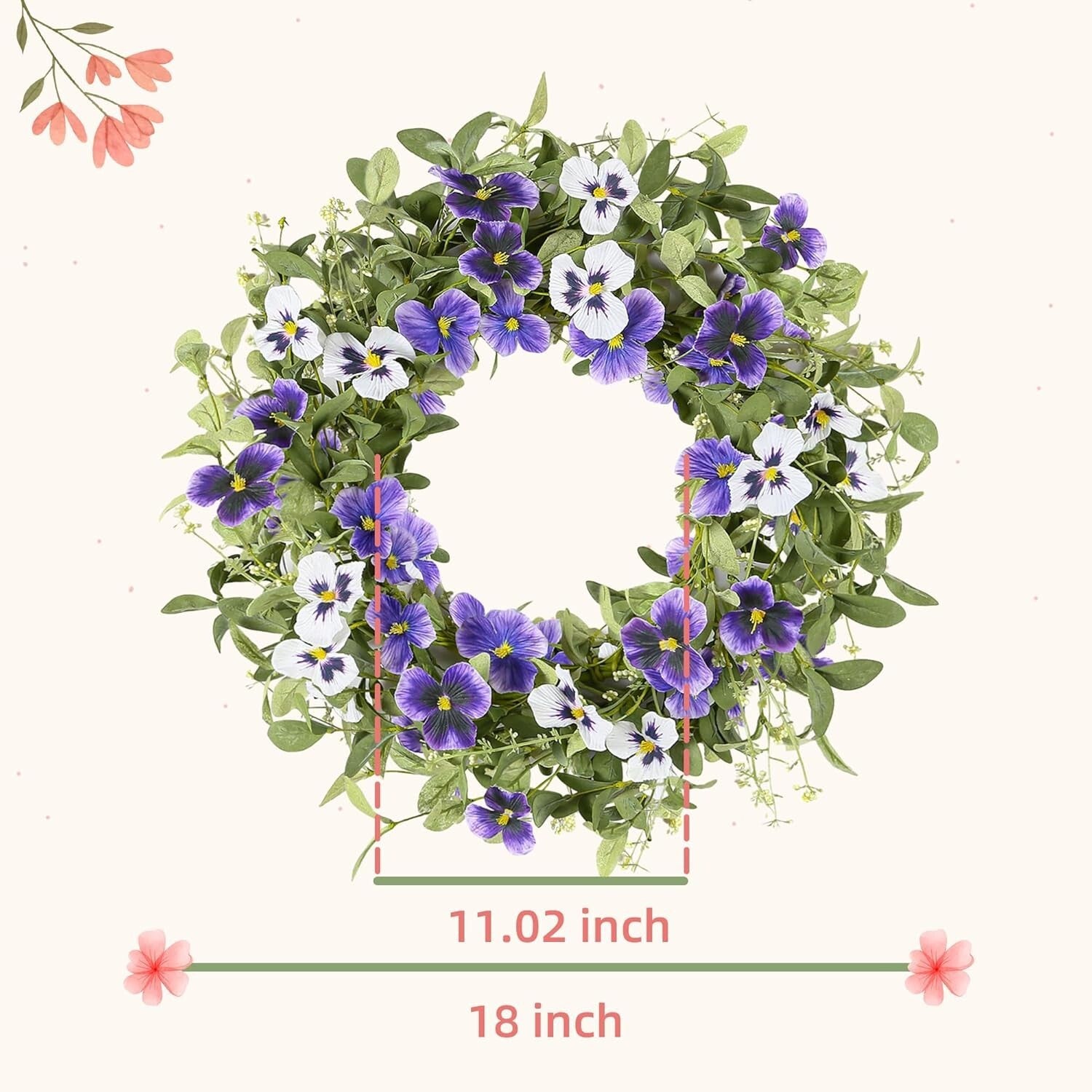 18" Spring Wreaths for Front Door Summer Wreath with Purple Pansy Flowers Green