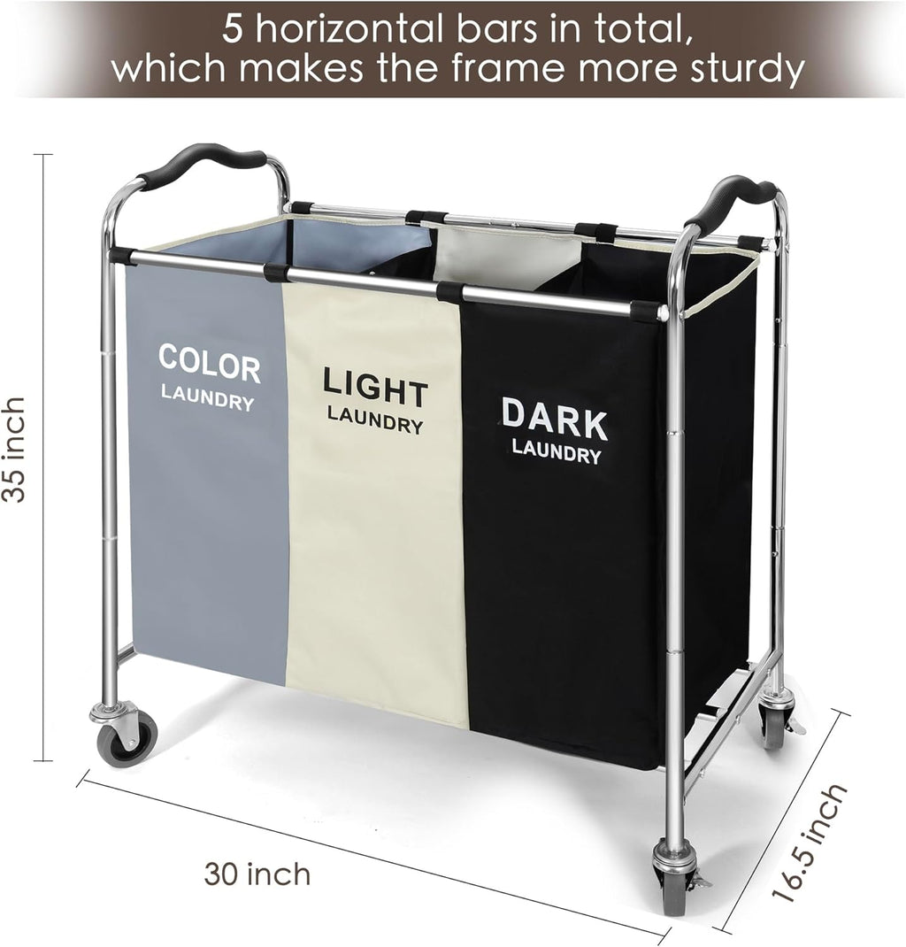 3 Section Laundry Basket with Wheels