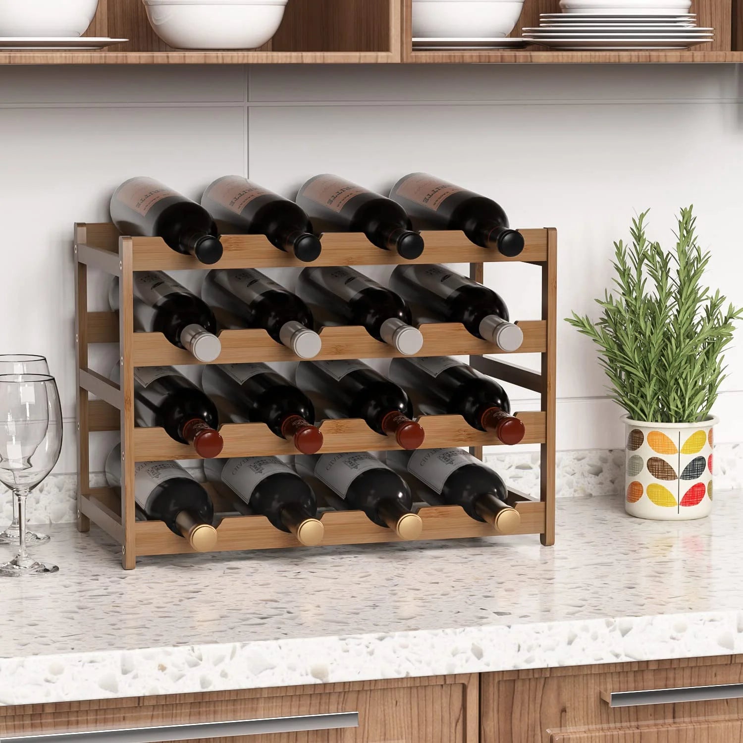 Bamboo Freestanding 4-Tier Wine Storage Rack - Flexx Decor
