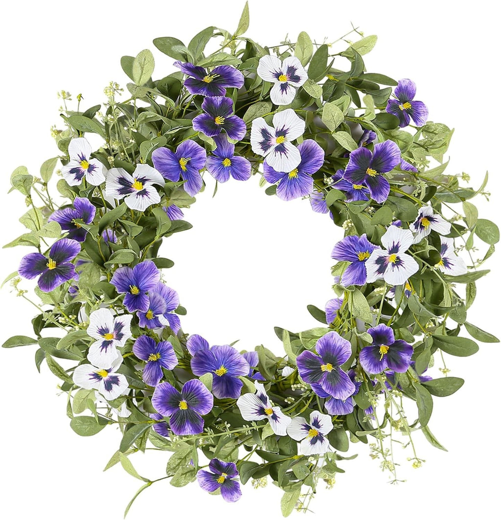 18" Spring Wreaths for Front Door Summer Wreath with Purple Pansy Flowers Green