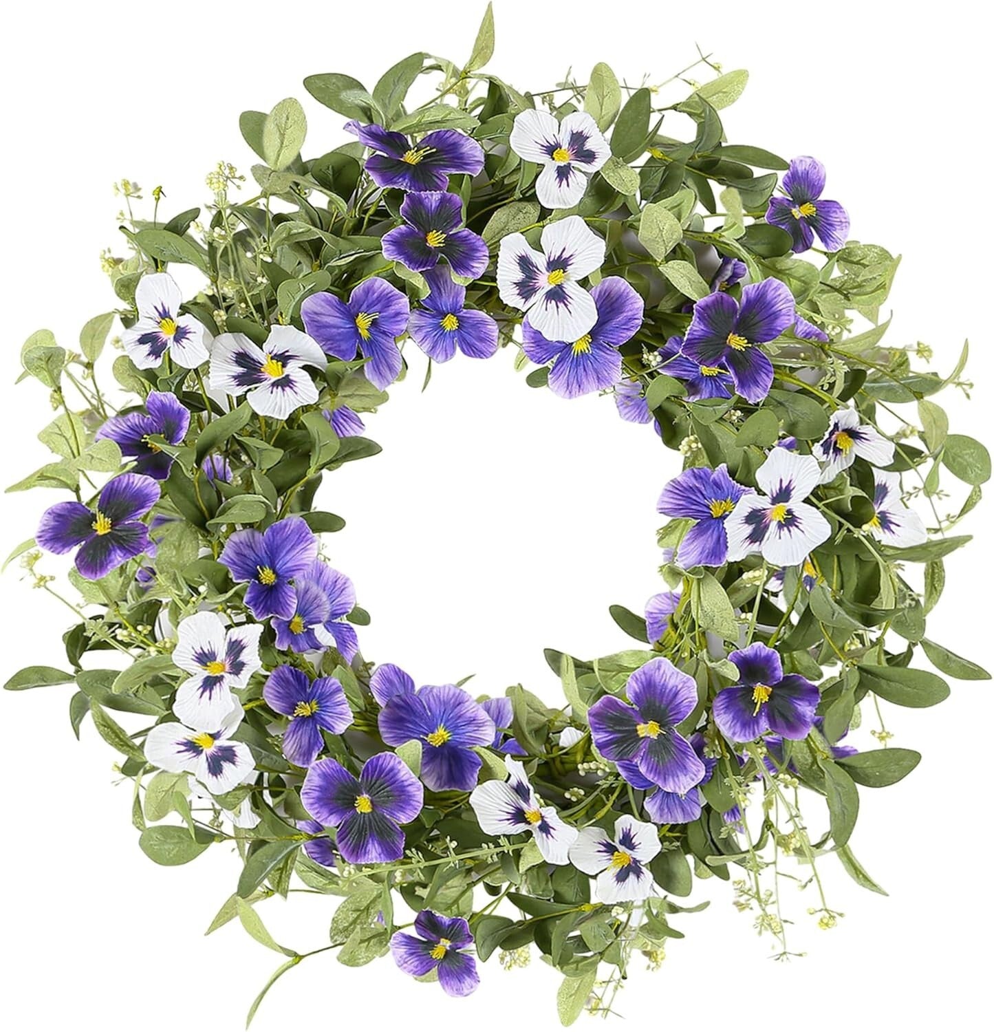 18" Spring Wreaths for Front Door Summer Wreath with Purple Pansy Flowers Green