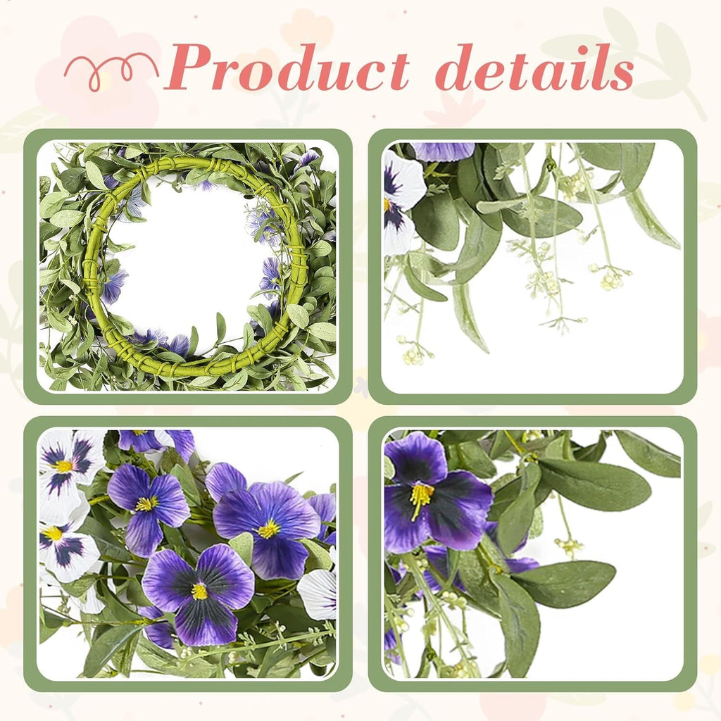 18" Spring Wreaths for Front Door Summer Wreath with Purple Pansy Flowers Green