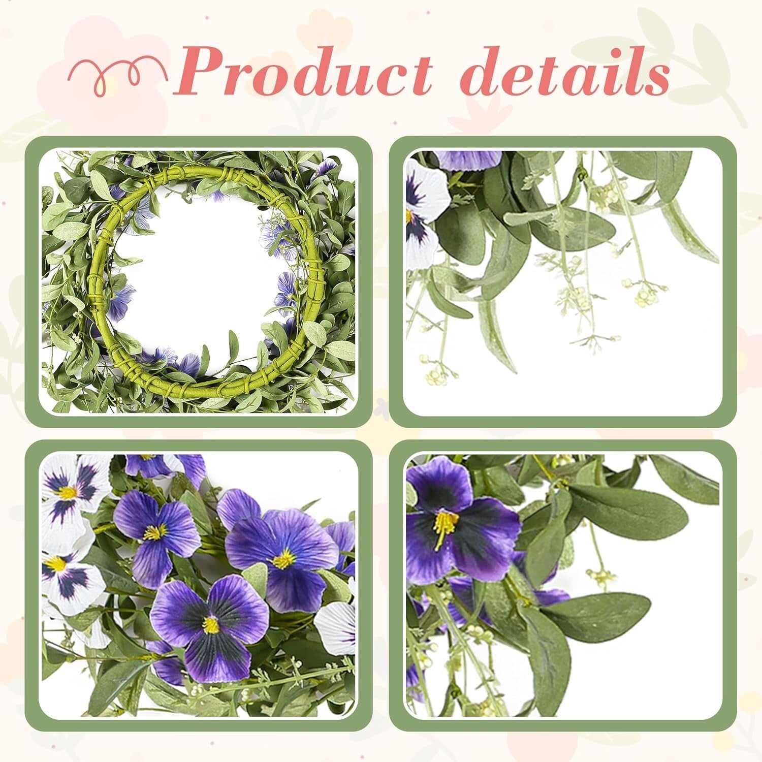 18" Spring Wreaths for Front Door Summer Wreath with Purple Pansy Flowers Green