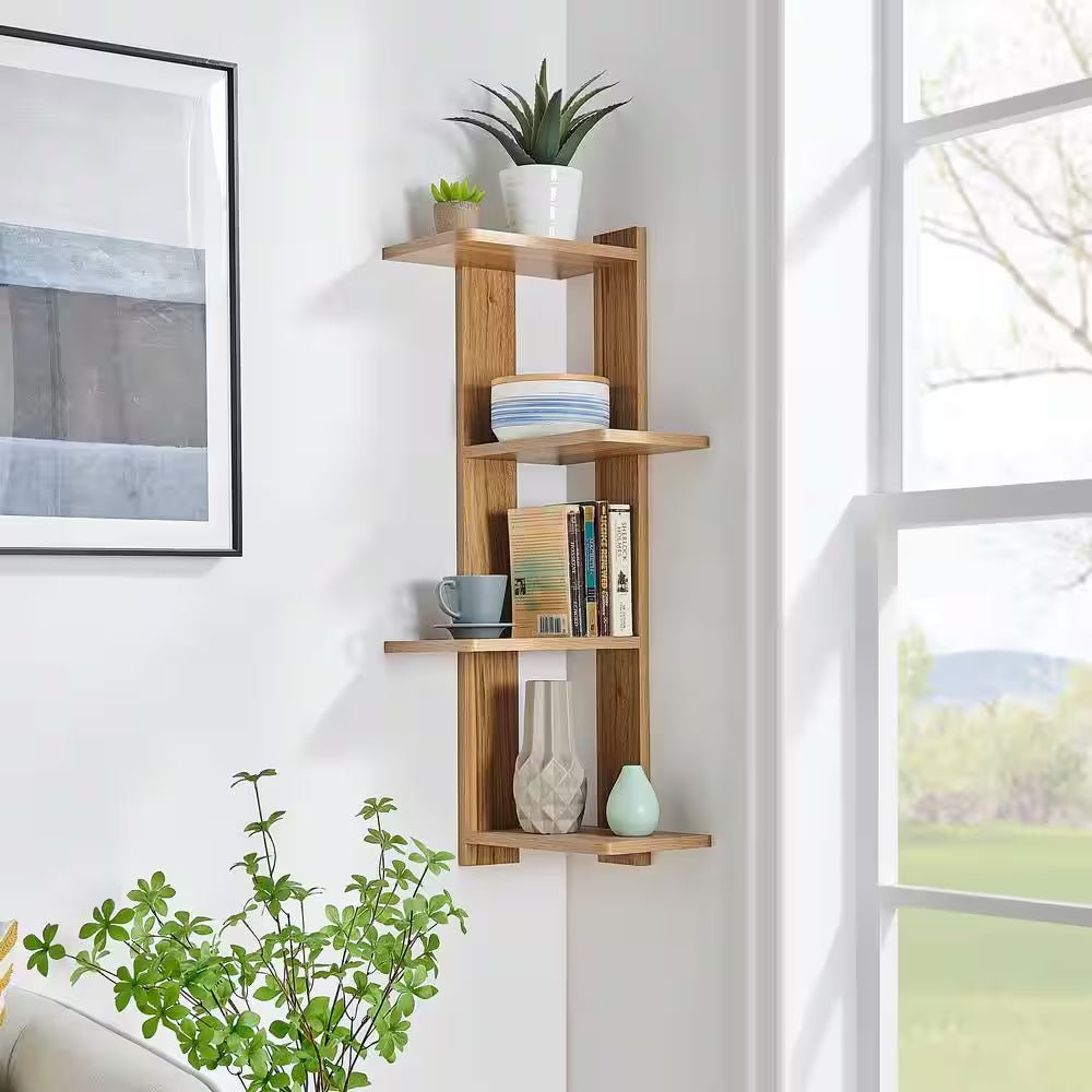 Corner 4-Tier Floating Ledge Column Wall Shelf- Chestnut - Flexx Decor