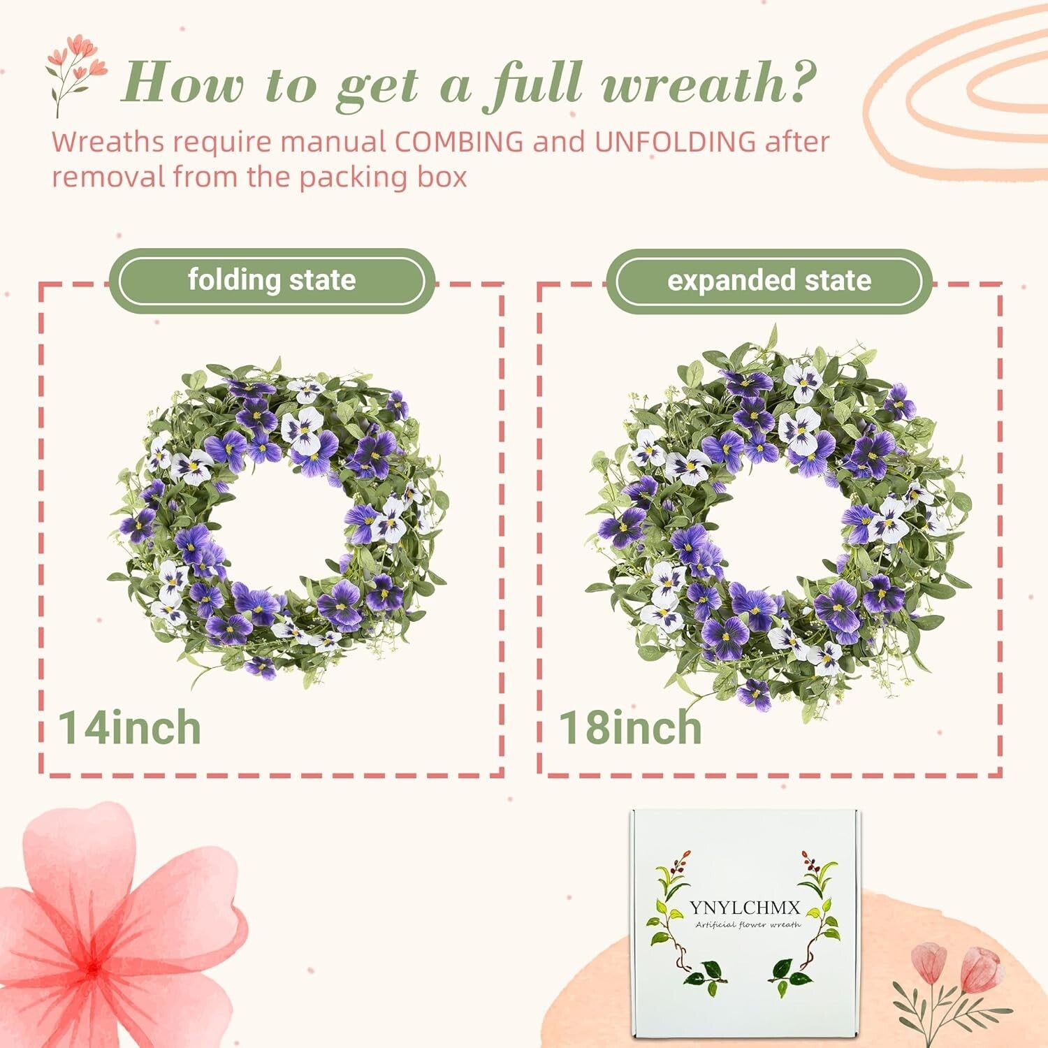 18" Spring Wreaths for Front Door Summer Wreath with Purple Pansy Flowers Green