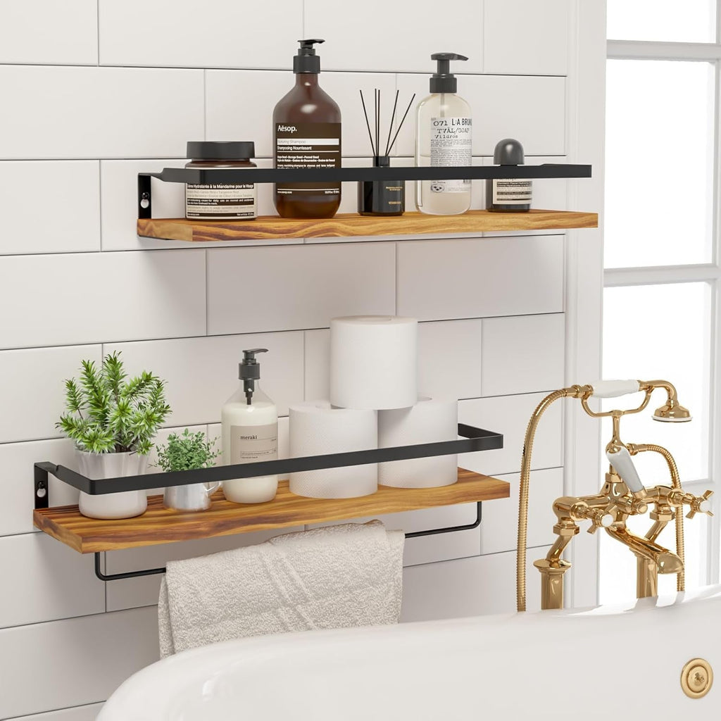 Floating Shelves for Wall with Towel Bar- Set of 2-Carbonized Black - Flexx Decor
