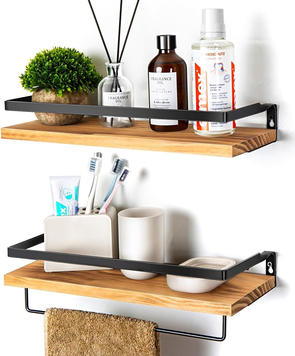Floating Shelves for Wall with Towel Bar- Set of 2-Carbonized Black - Flexx Decor