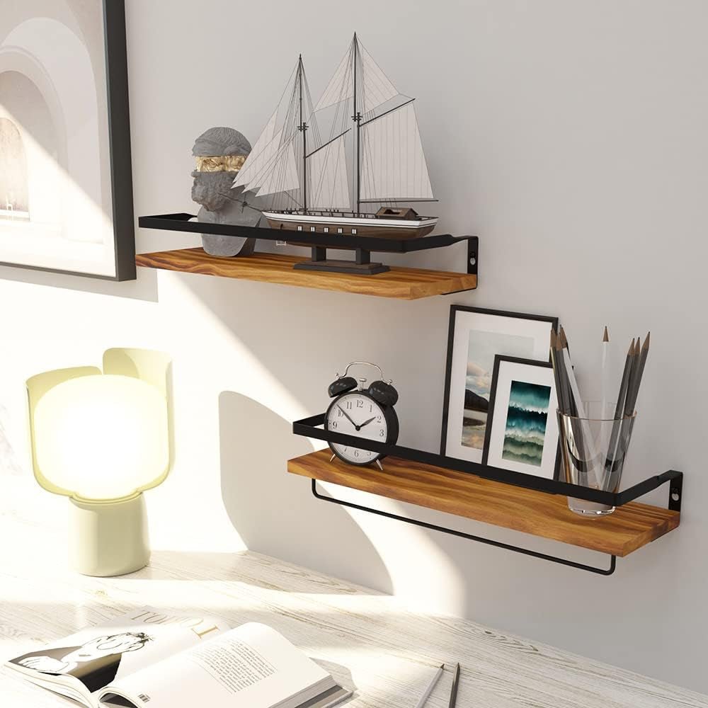 Floating Shelves for Wall with Towel Bar- Set of 2-Carbonized Black - Flexx Decor