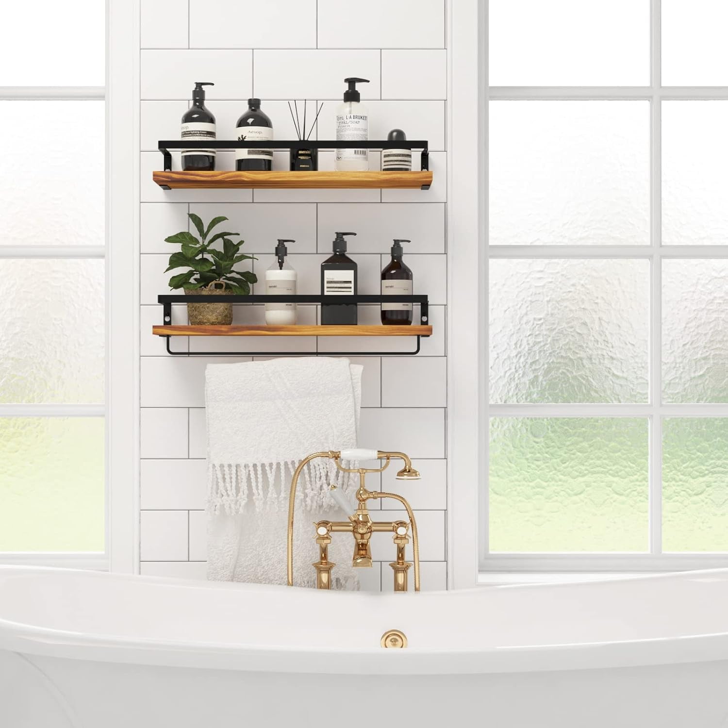 Floating Shelves for Wall with Towel Bar- Set of 2-Carbonized Black - Flexx Decor