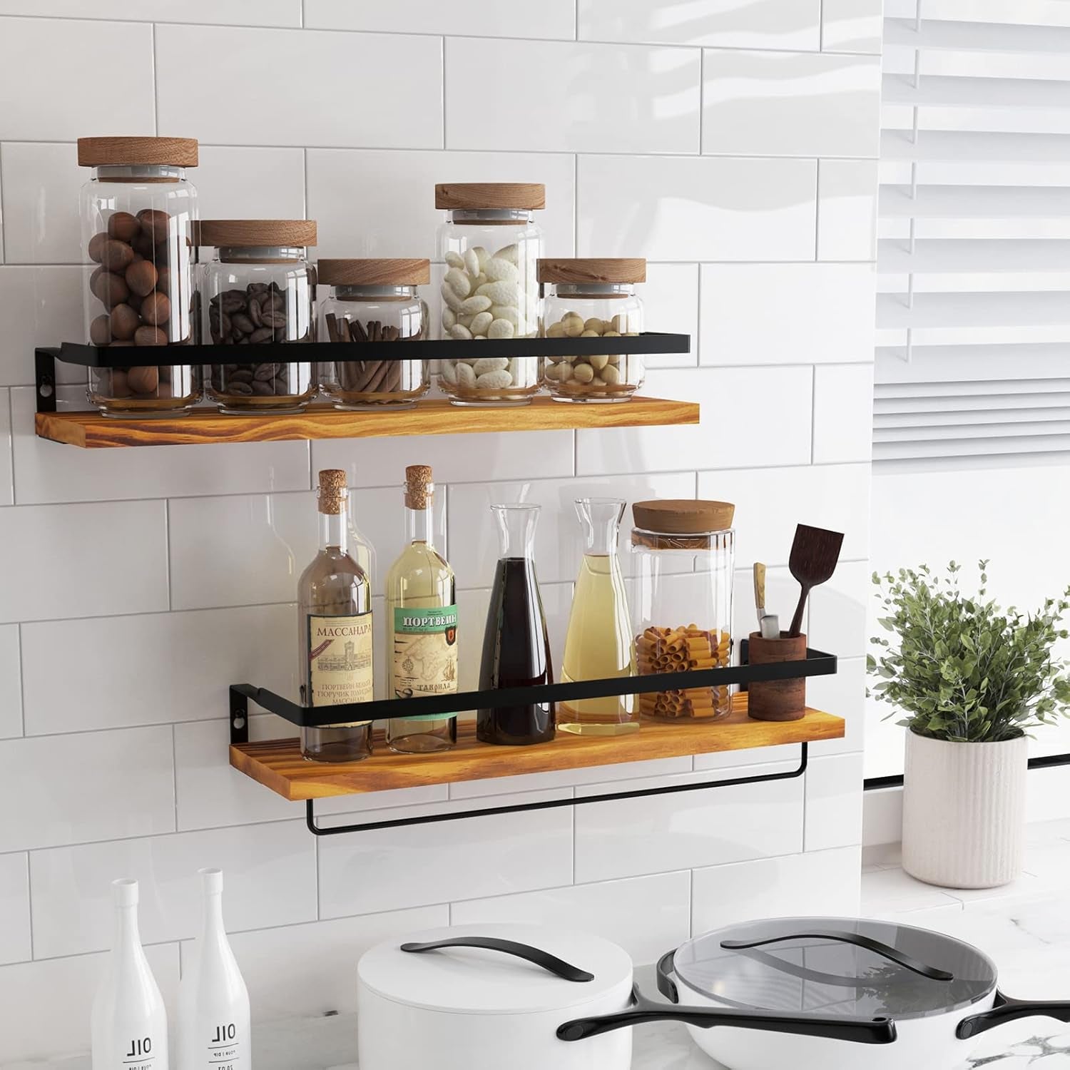 Floating Shelves for Wall with Towel Bar- Set of 2-Carbonized Black - Flexx Decor